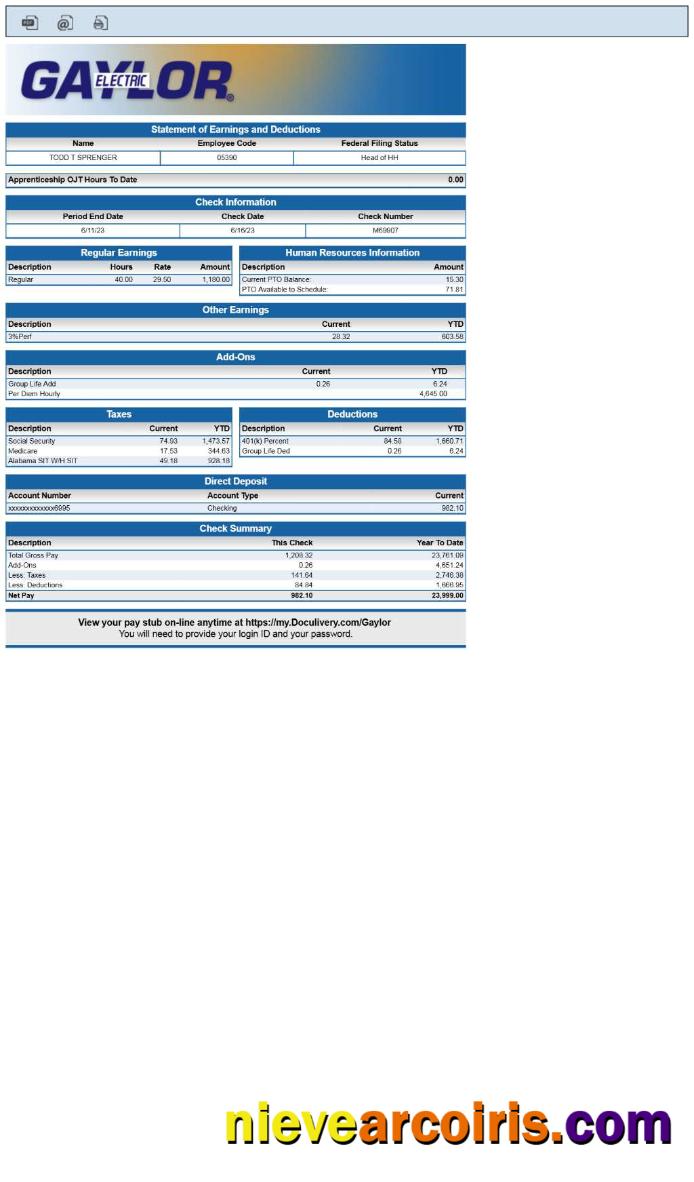 Gaylor Electric statement of earnings and deductions